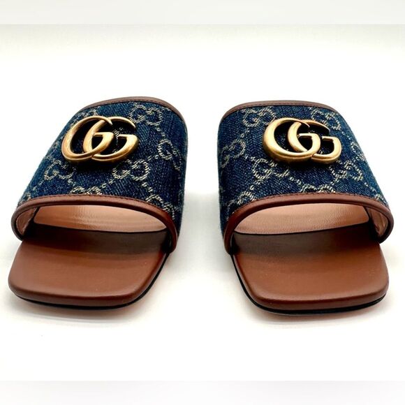 Gucci Jolie Denim Marmont GG Monogram Miro Calfskin Slide Sandals EU 36.5 - Picture 4 of 9